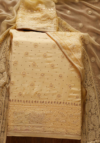 Lemon Yellow Gotapatti Semi Crepe Designer Unstitched Salwar Suit - koskii