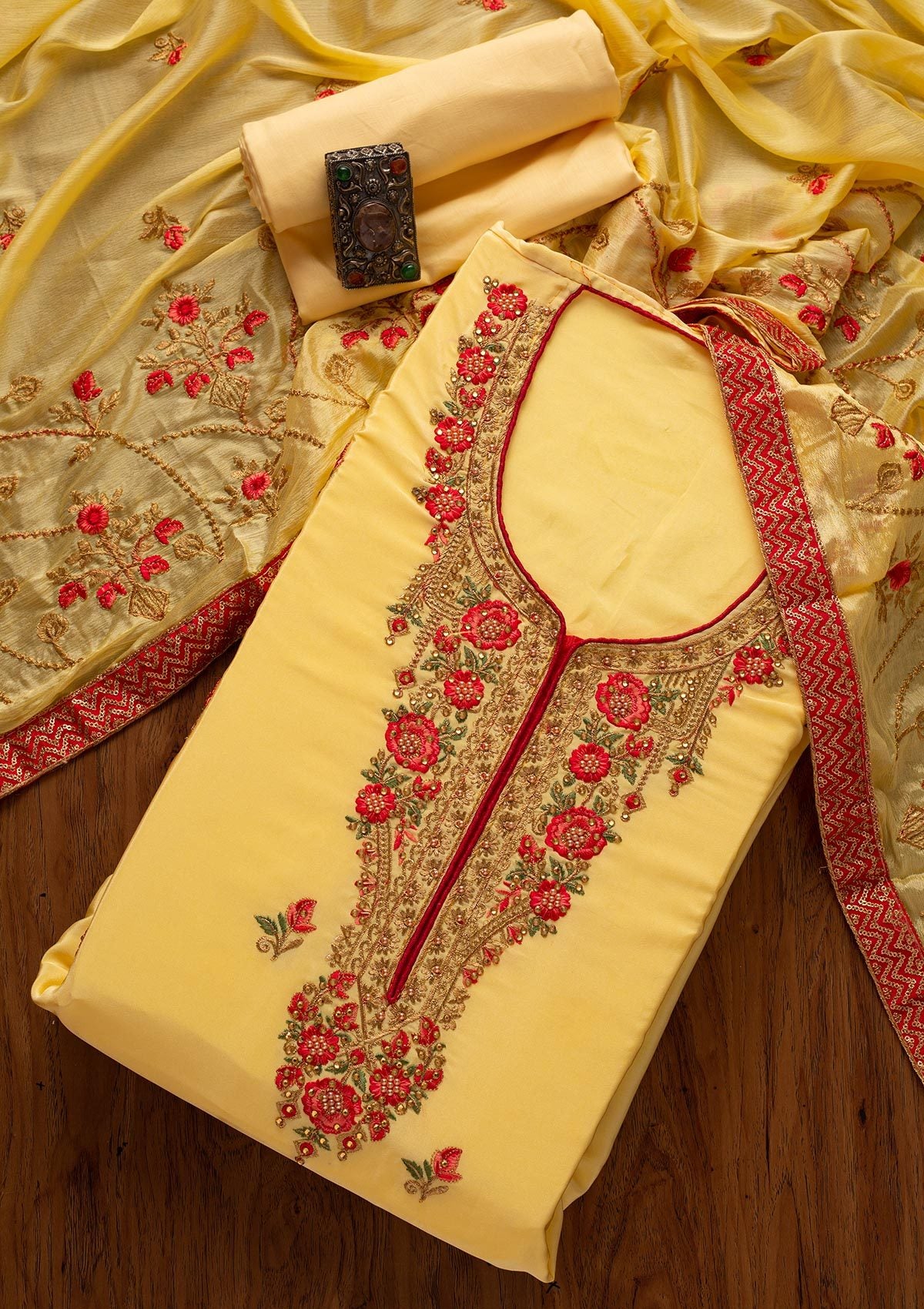 Lemon Yellow Pearlwork Semi Crepe Designer Unstitched Salwar Suit - koskii
