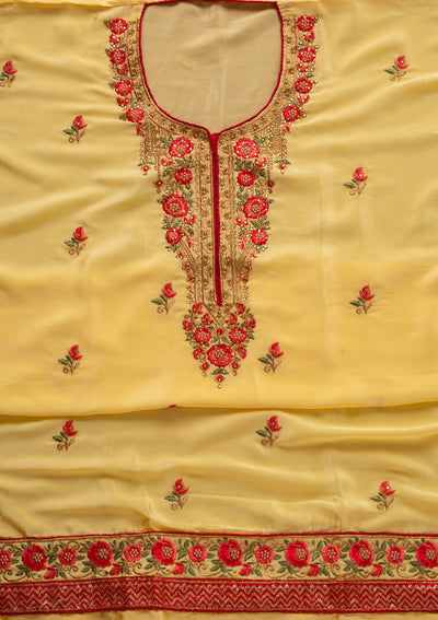 Lemon Yellow Pearlwork Semi Crepe Designer Unstitched Salwar Suit - koskii