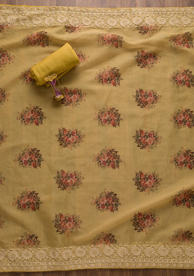 Lemon Yellow Print Georgette Unstitched Salwar Suit-Koskii