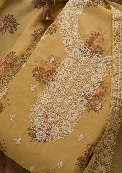 Lemon Yellow Print Georgette Unstitched Salwar Suit-Koskii
