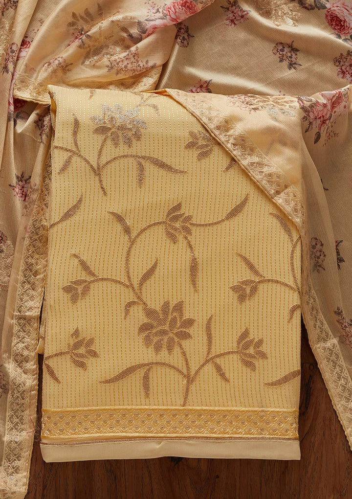 Lemon Yellow Sequins Georgette Designer Unstitched Salwar Suit - koskii