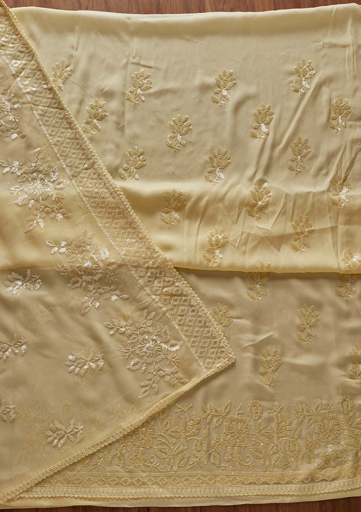 Lemon Yellow Sequins Georgette Designer Unstitched Salwar Suit - koskii