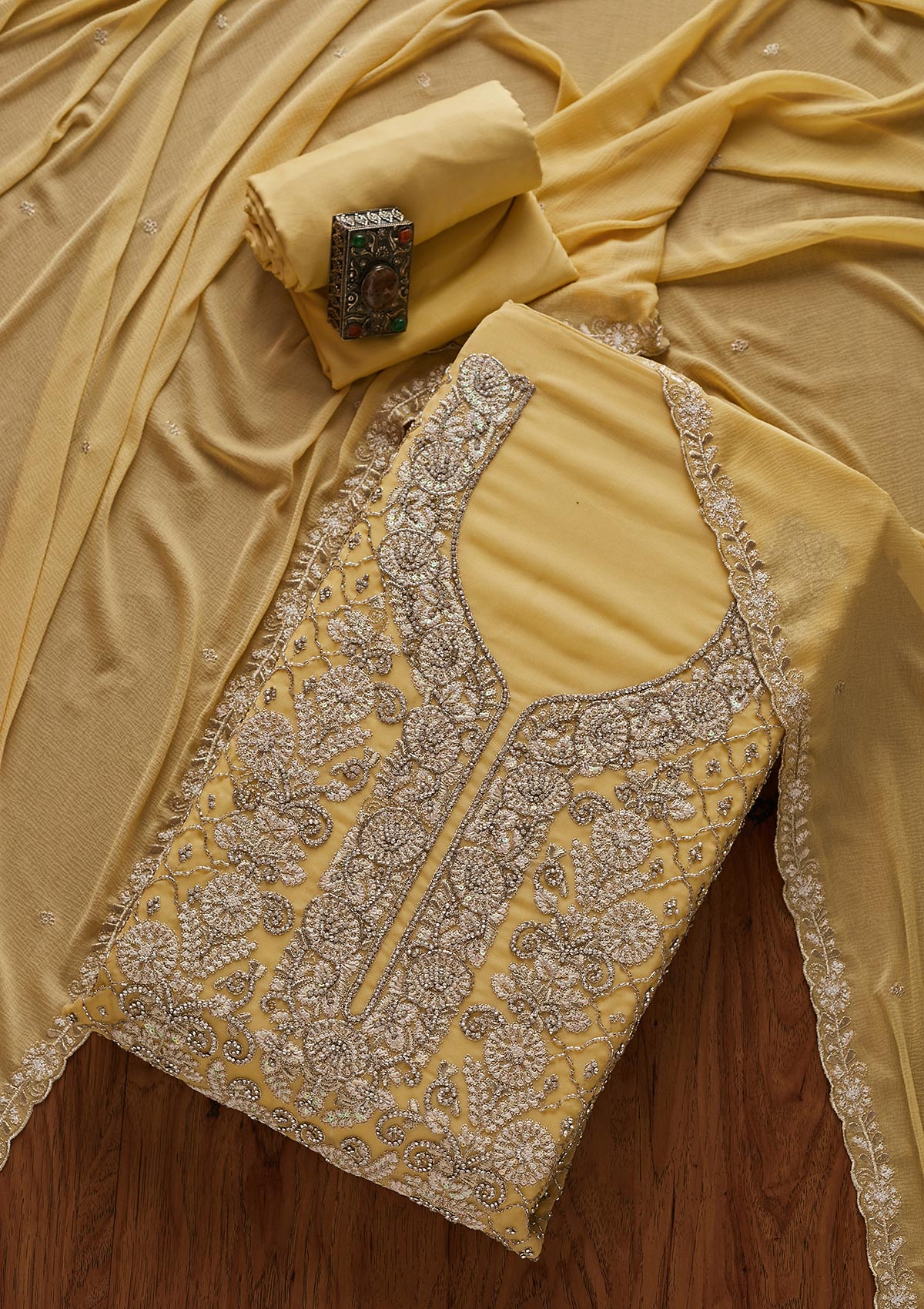 Lemon Yellow Silver Stonework Georgette Designer Semi-Stitched Salwar Suit - Koskii