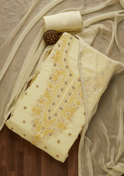 Lemon Yellow Silver Stonework Georgette Unstitched Salwar Suit-Koskii