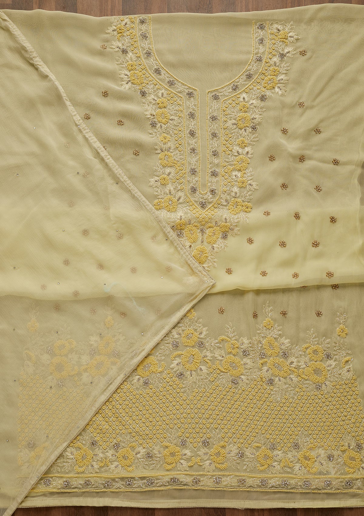 Lemon Yellow Silver Stonework Georgette Unstitched Salwar Suit-Koskii