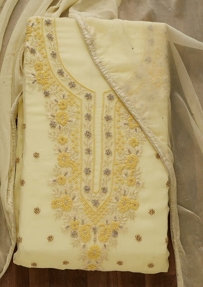 Lemon Yellow Silver Stonework Georgette Unstitched Salwar Suit-Koskii
