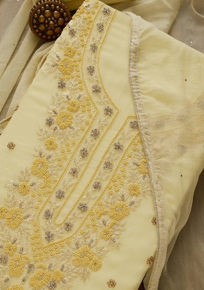 Lemon Yellow Silver Stonework Georgette Unstitched Salwar Suit-Koskii