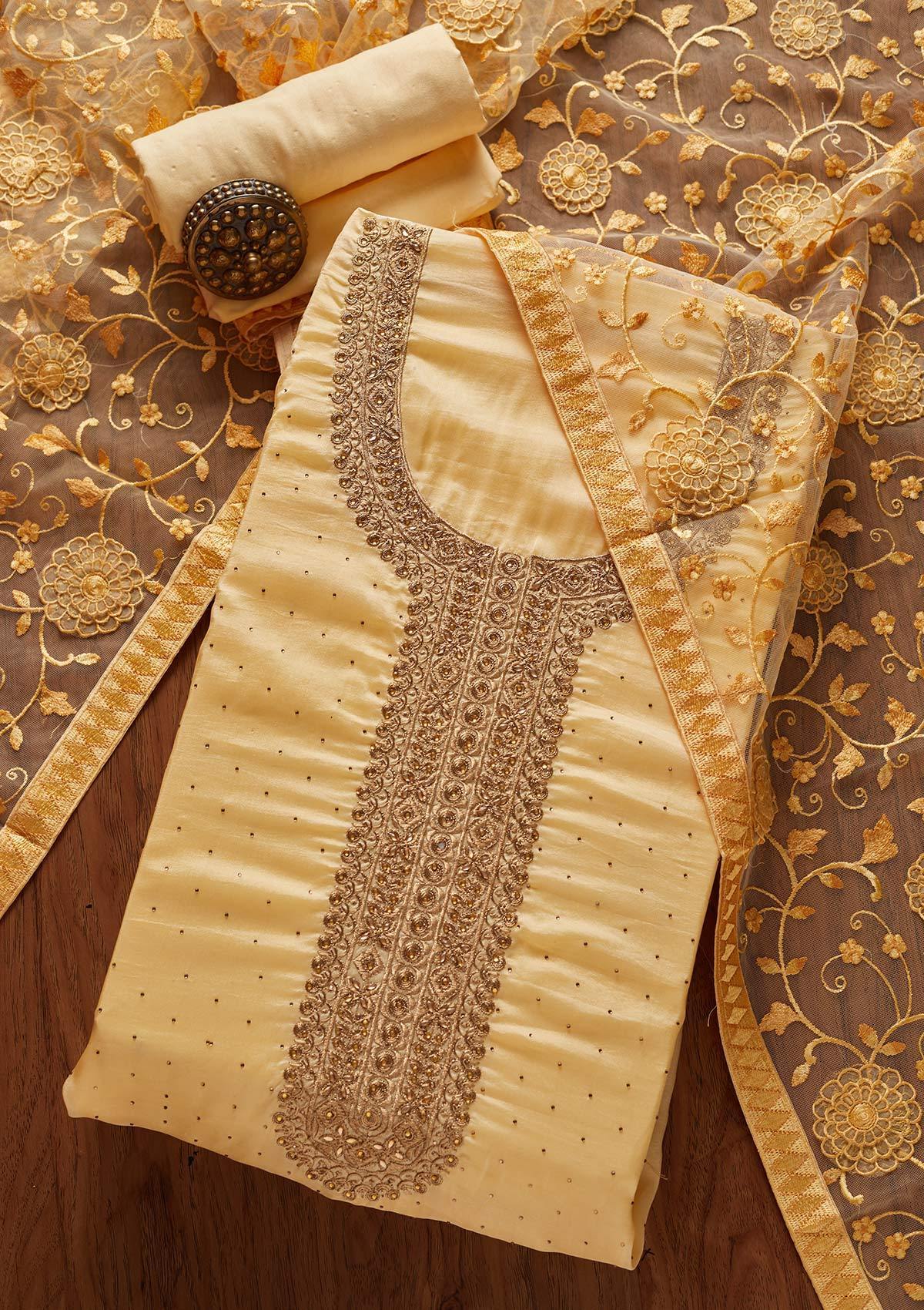 Lemon Yellow Swarovski Georgette Designer Unstitched Salwar Suit - koskii