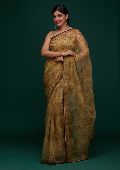 Lemon Yellow Swarovski Tissue Designer Saree - Koskii
