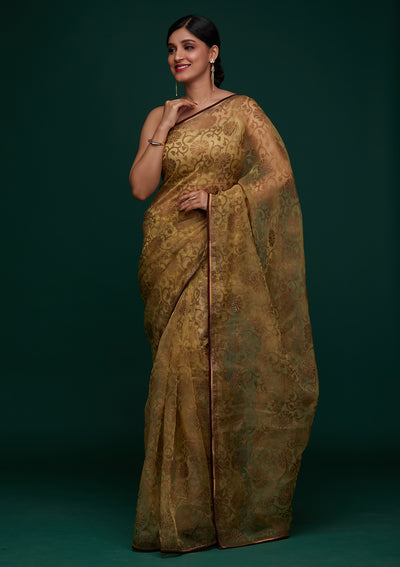 Lemon Yellow Swarovski Tissue Designer Saree - Koskii