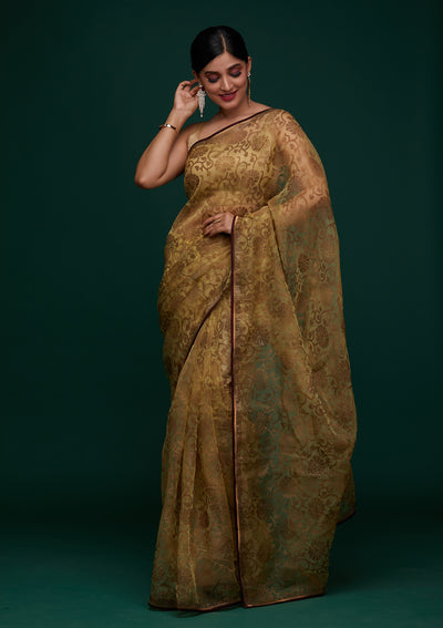 Lemon Yellow Swarovski Tissue Designer Saree - Koskii