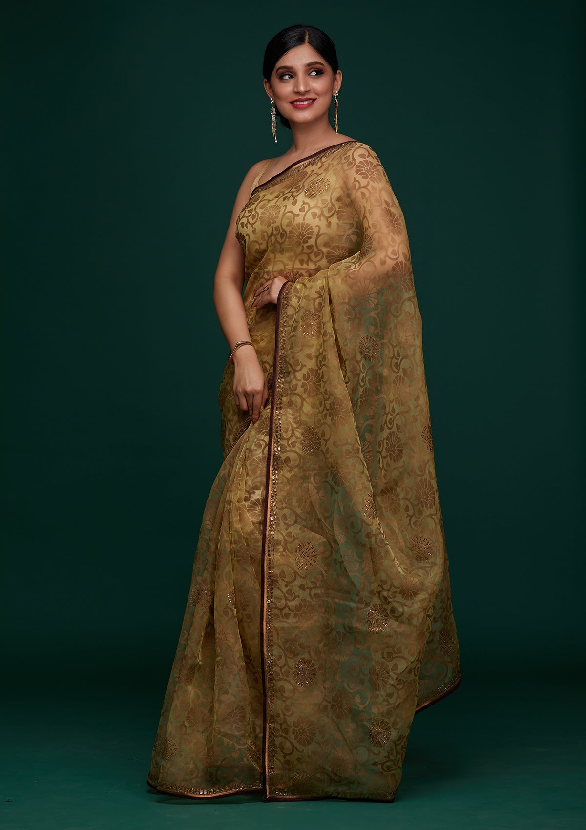 Lemon Yellow Swarovski Tissue Designer Saree - Koskii
