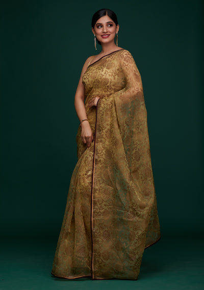 Lemon Yellow Swarovski Tissue Designer Saree - Koskii
