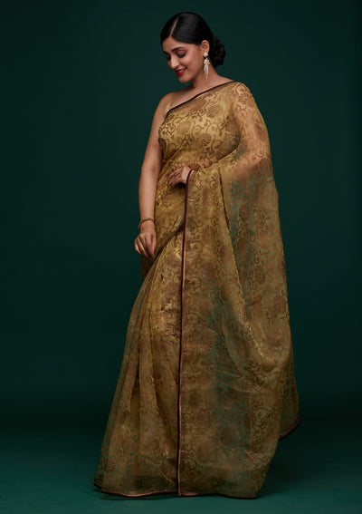 Lemon Yellow Swarovski Tissue Designer Saree - Koskii