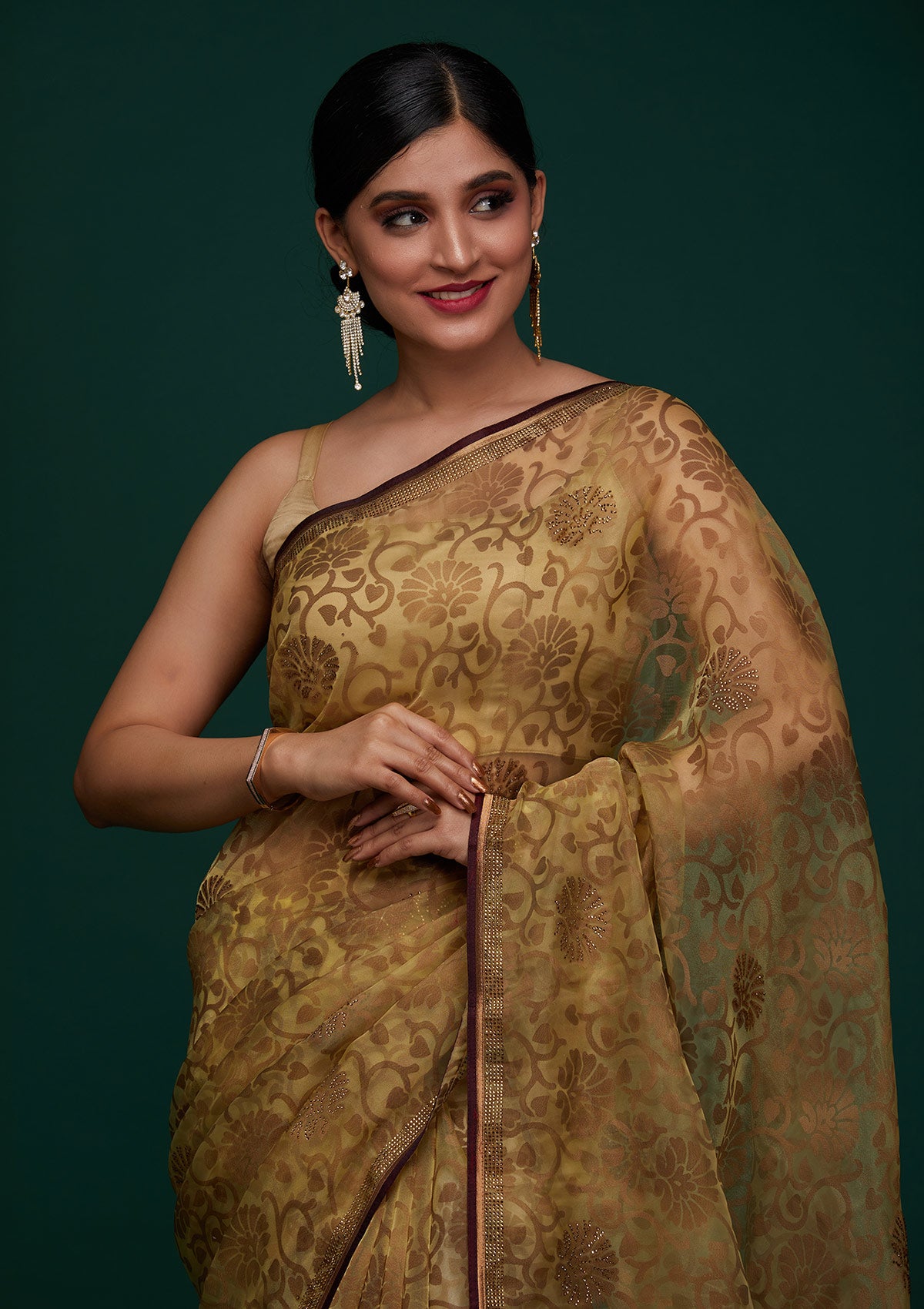 Lemon Yellow Swarovski Tissue Designer Saree - Koskii
