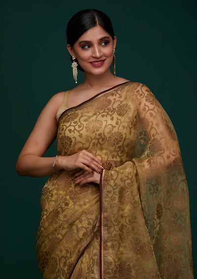 Lemon Yellow Swarovski Tissue Designer Saree - Koskii