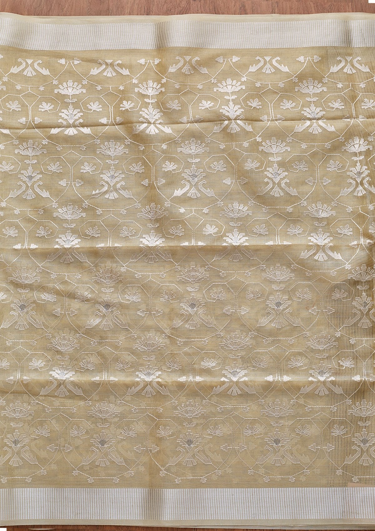 Lemon Yellow Threadwork Art Silk Designer Saree - koskii