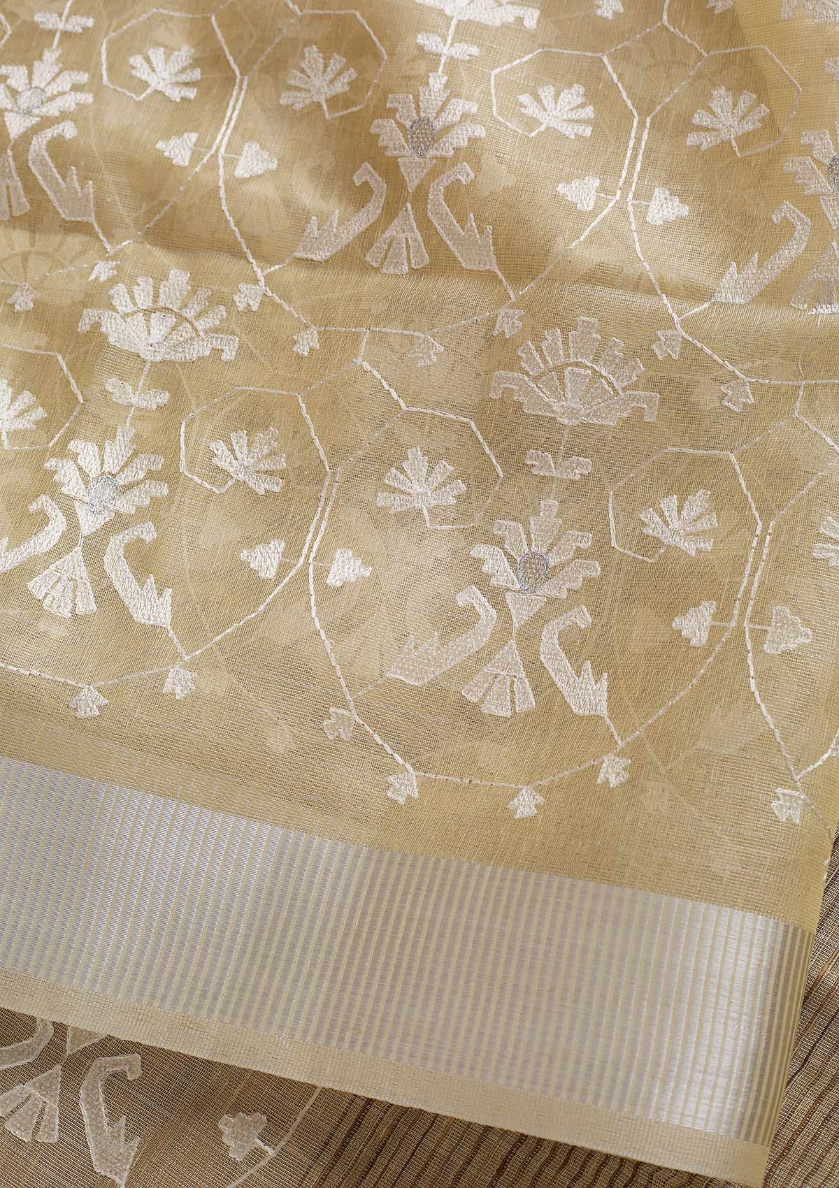 Lemon Yellow Threadwork Art Silk Designer Saree - koskii
