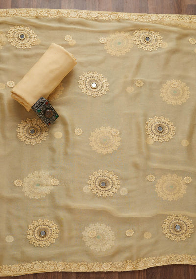 Lemon Yellow Threadwork Chiffon Unstitched Salwar Suit-Koskii
