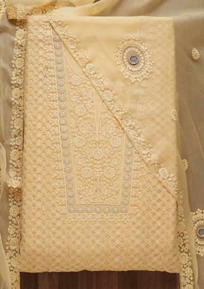Lemon Yellow Threadwork Chiffon Unstitched Salwar Suit-Koskii
