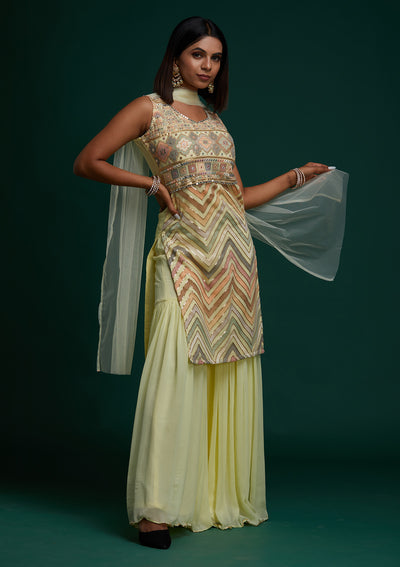 Lemon Yellow Threadwork Georgette Designer Salwar Suit- Koskii