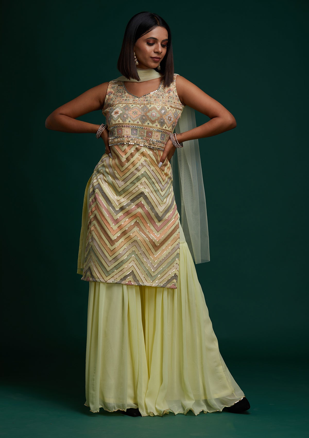 Lemon Yellow Threadwork Georgette Designer Salwar Suit - Koskii