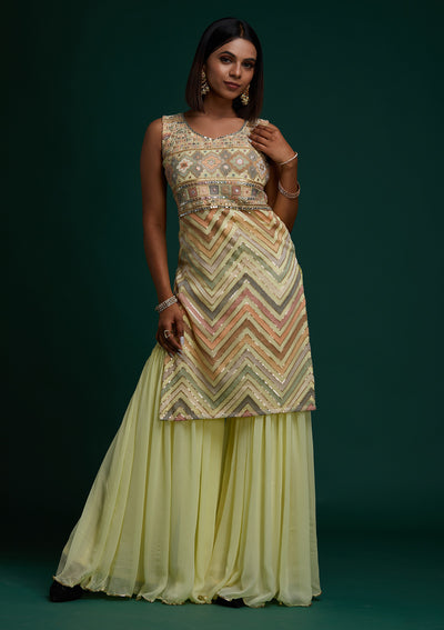 Lemon Yellow Threadwork Georgette Designer Salwar Suit - Koskii