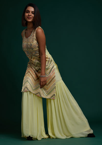 Lemon Yellow Threadwork Georgette Designer Salwar Suit - Koskii