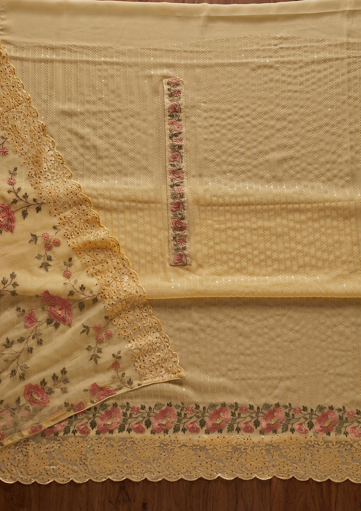 Lemon Yellow Threadwork Georgette Designer Unstitched Salwar Suit - koskii