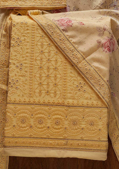 Lemon Yellow Threadwork Georgette Designer Unstitched Salwar Suit - koskii