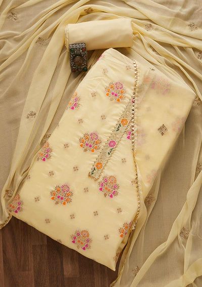 Lemon Yellow Zariwork Art Silk Unstitched Salwar Suit-Koskii