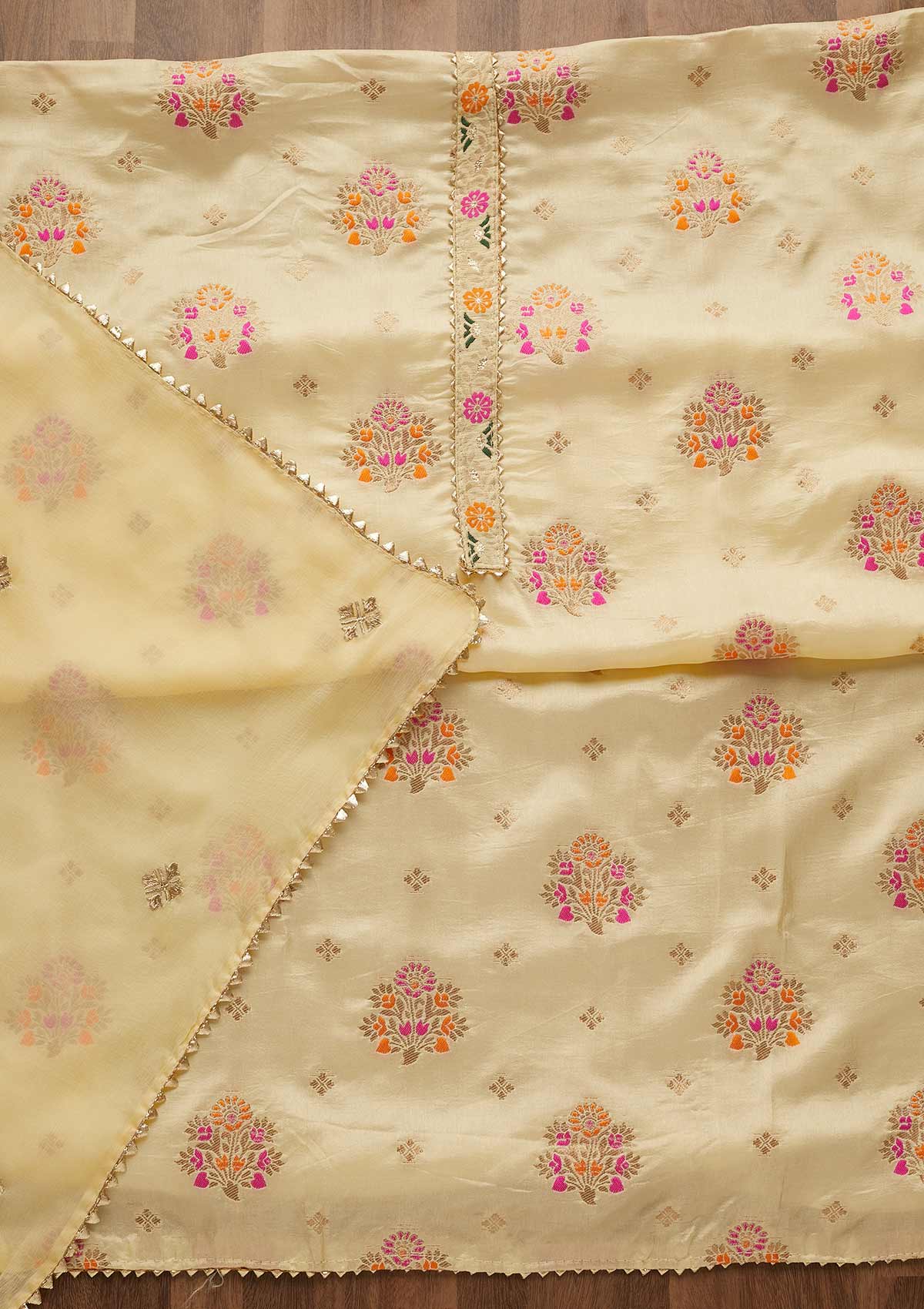 Lemon Yellow Zariwork Art Silk Unstitched Salwar Suit-Koskii