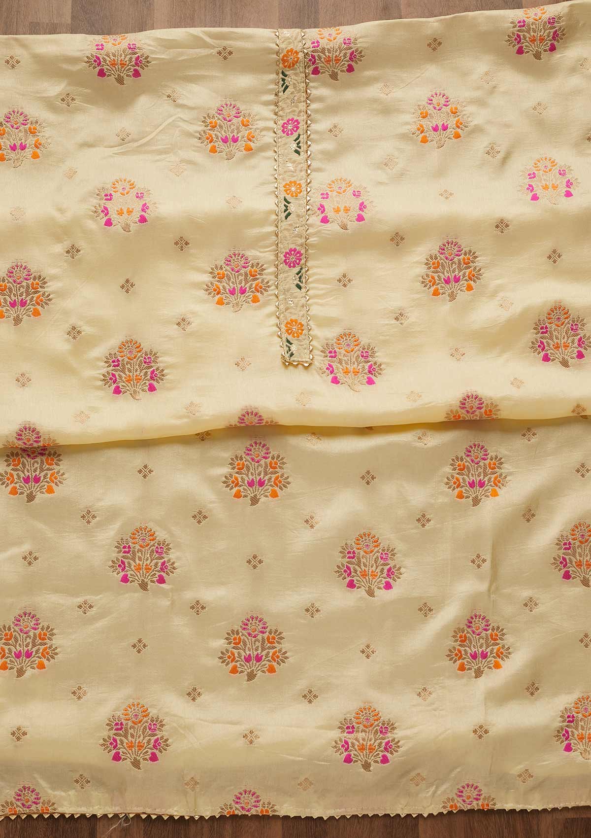 Lemon Yellow Zariwork Art Silk Unstitched Salwar Suit-Koskii