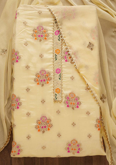 Lemon Yellow Zariwork Art Silk Unstitched Salwar Suit-Koskii