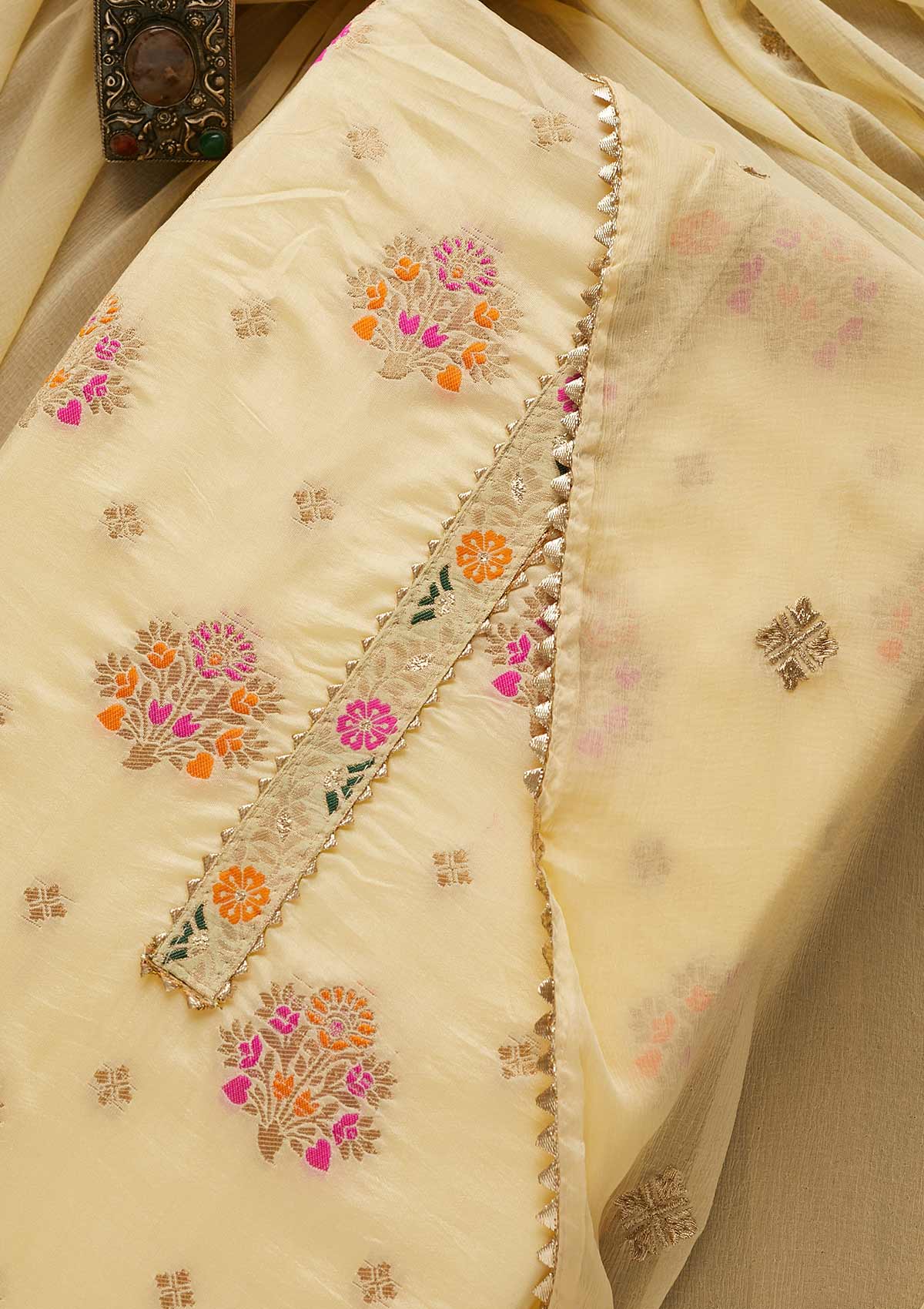 Lemon Yellow Zariwork Art Silk Unstitched Salwar Suit-Koskii
