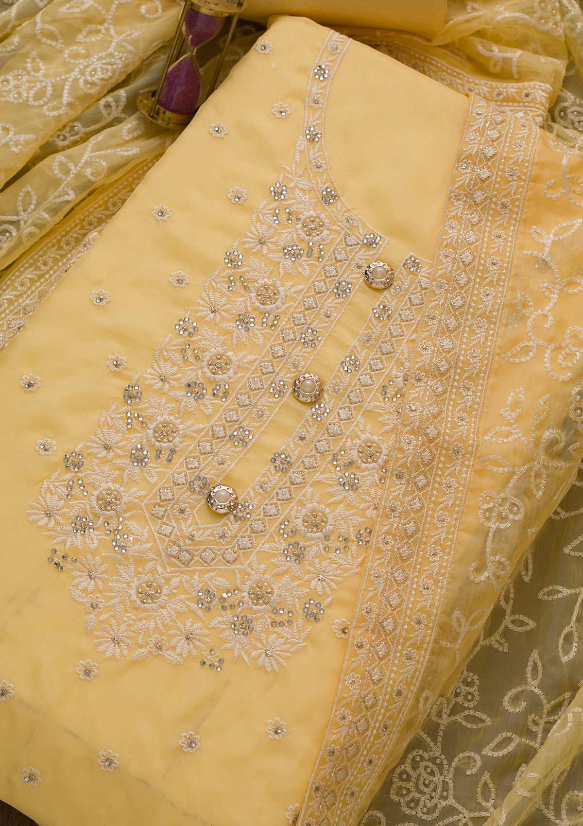 Lemon Yellow Threadwork Organza Unstitched Salwar Suit-Koskii