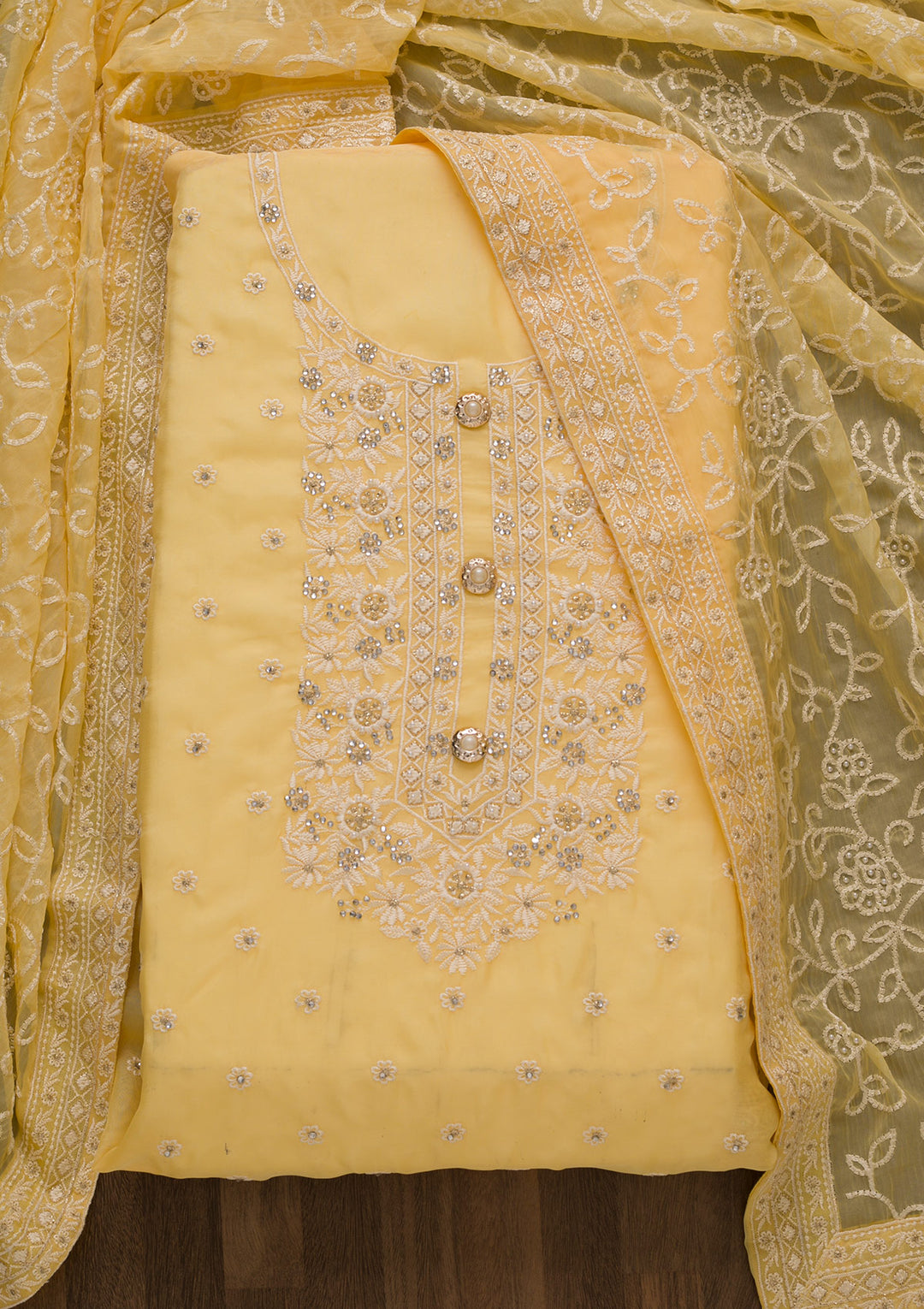 Lemon Yellow Threadwork Organza Unstitched Salwar Suit-Koskii