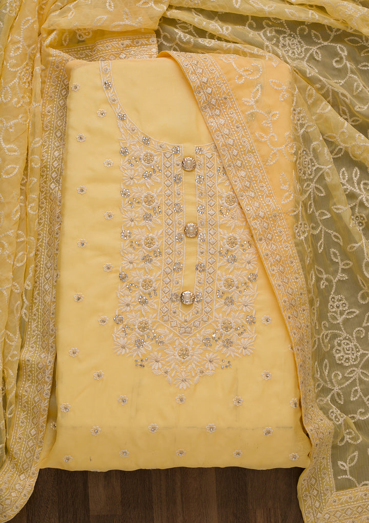 Lemon Yellow Threadwork Organza Unstitched Salwar Suit-Koskii