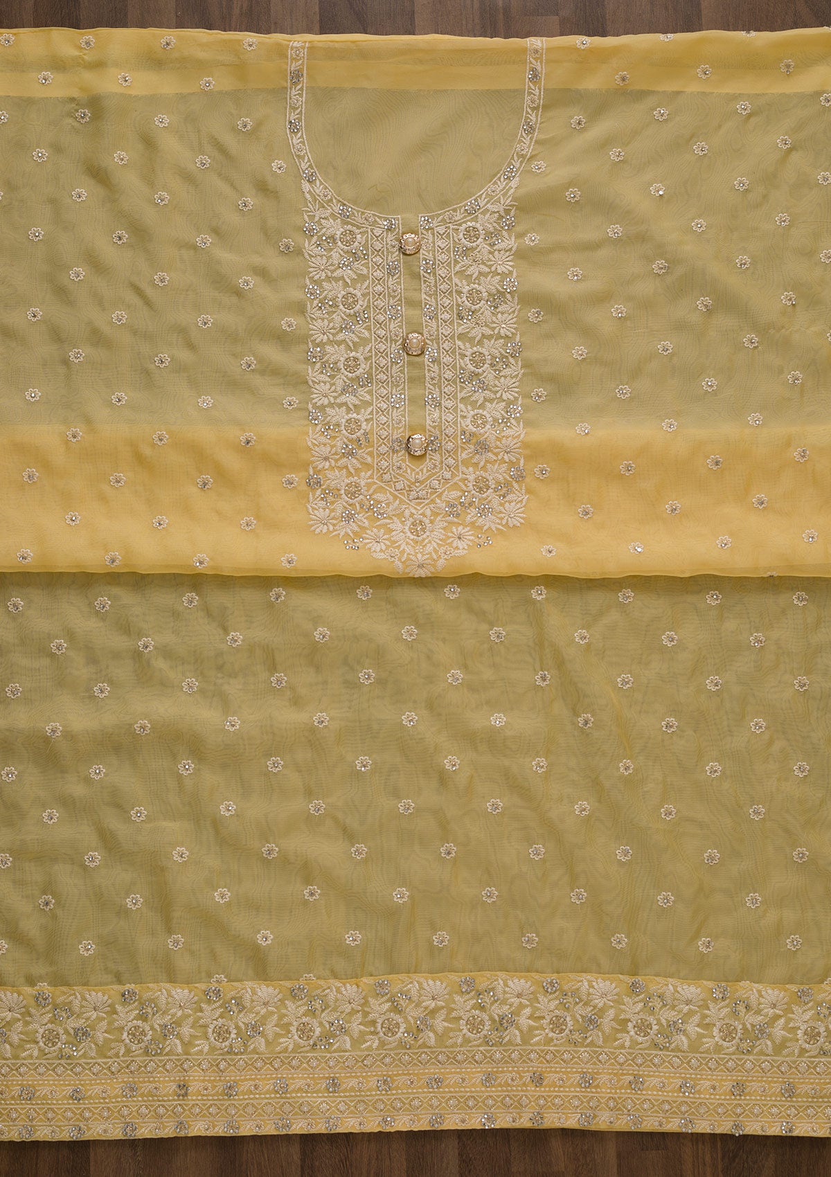 Lemon Yellow Threadwork Organza Unstitched Salwar Suit-Koskii