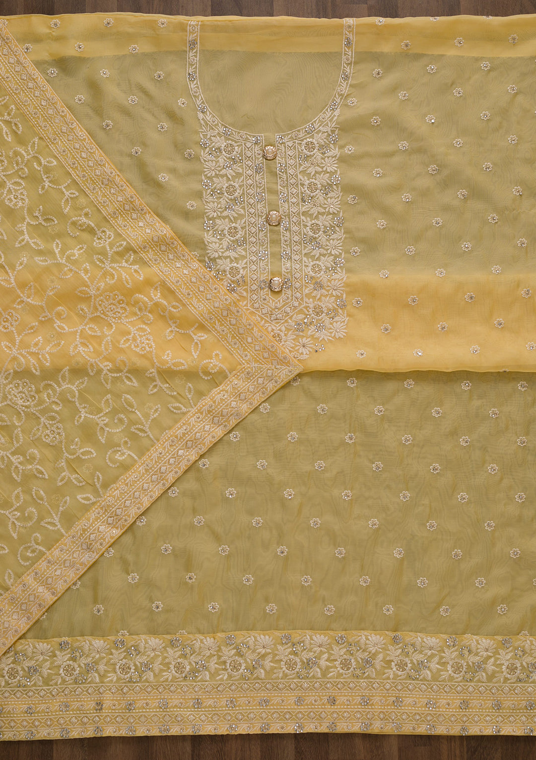 Lemon Yellow Threadwork Organza Unstitched Salwar Suit-Koskii