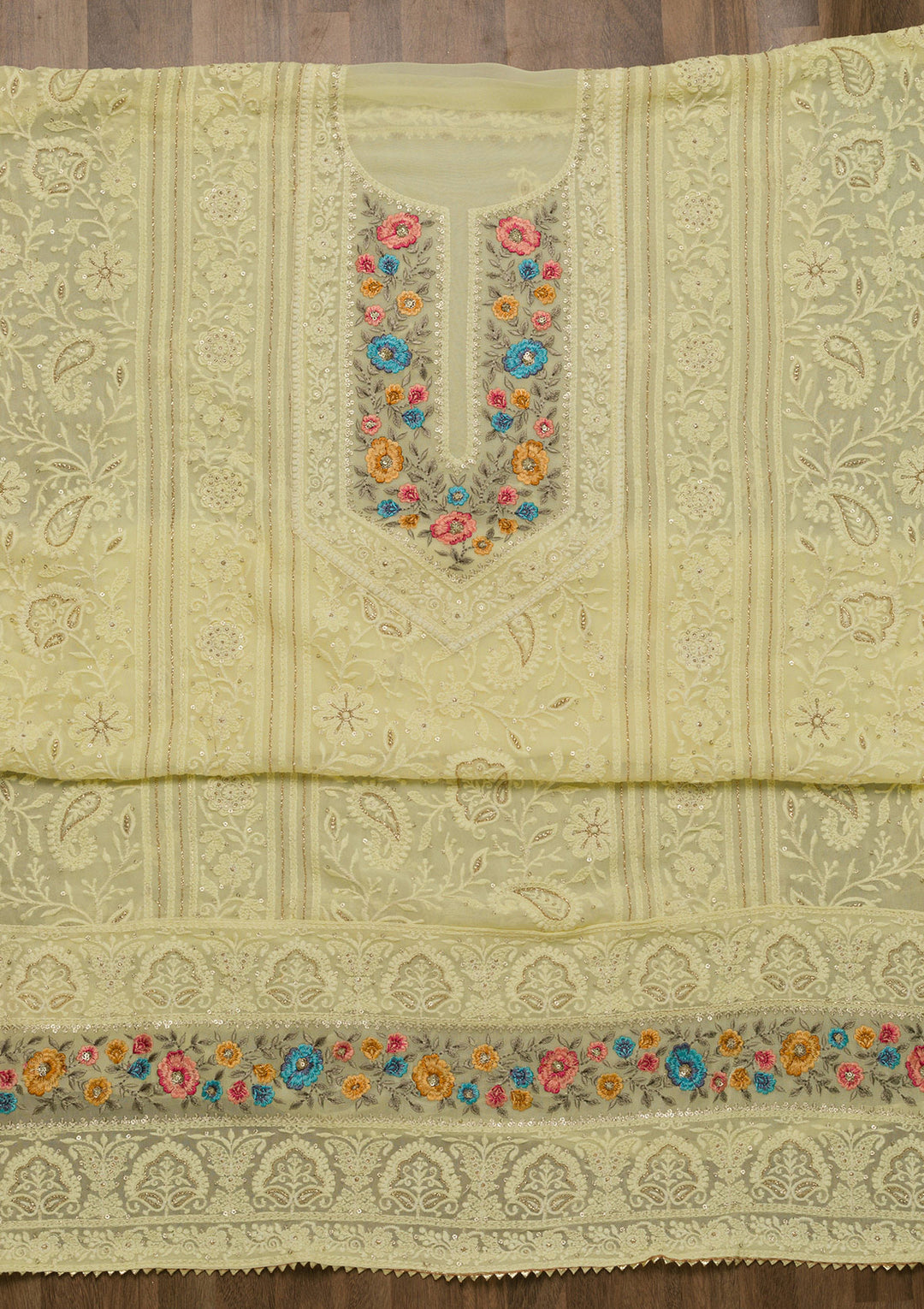 Lemon Yellow Threadwork Georgette Unstitched Salwar Suit-Koskii