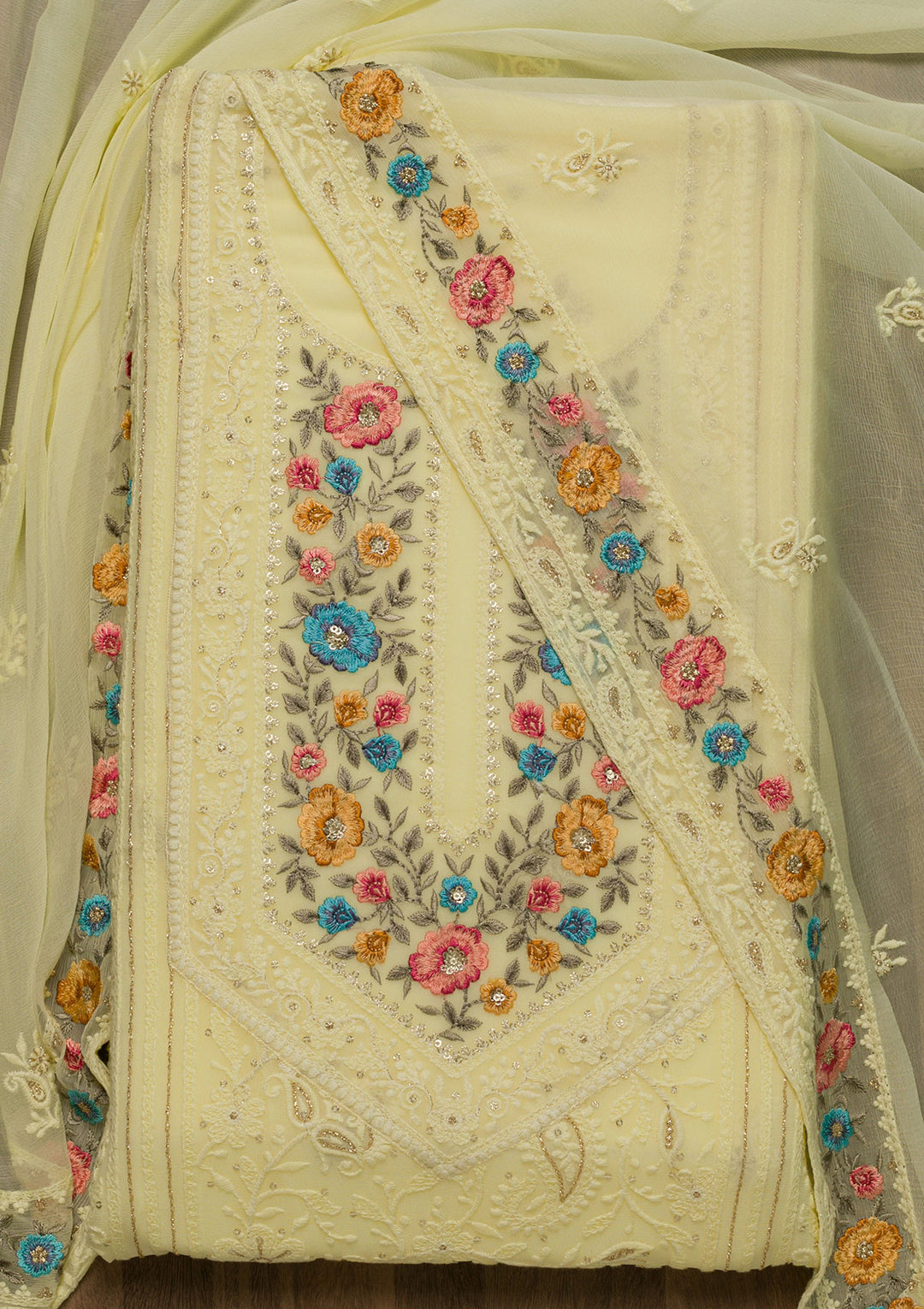 Lemon Yellow Threadwork Georgette Unstitched Salwar Suit-Koskii