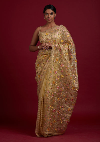 Lemon Yellow Threadwork Tissue Designer Saree - Koskii