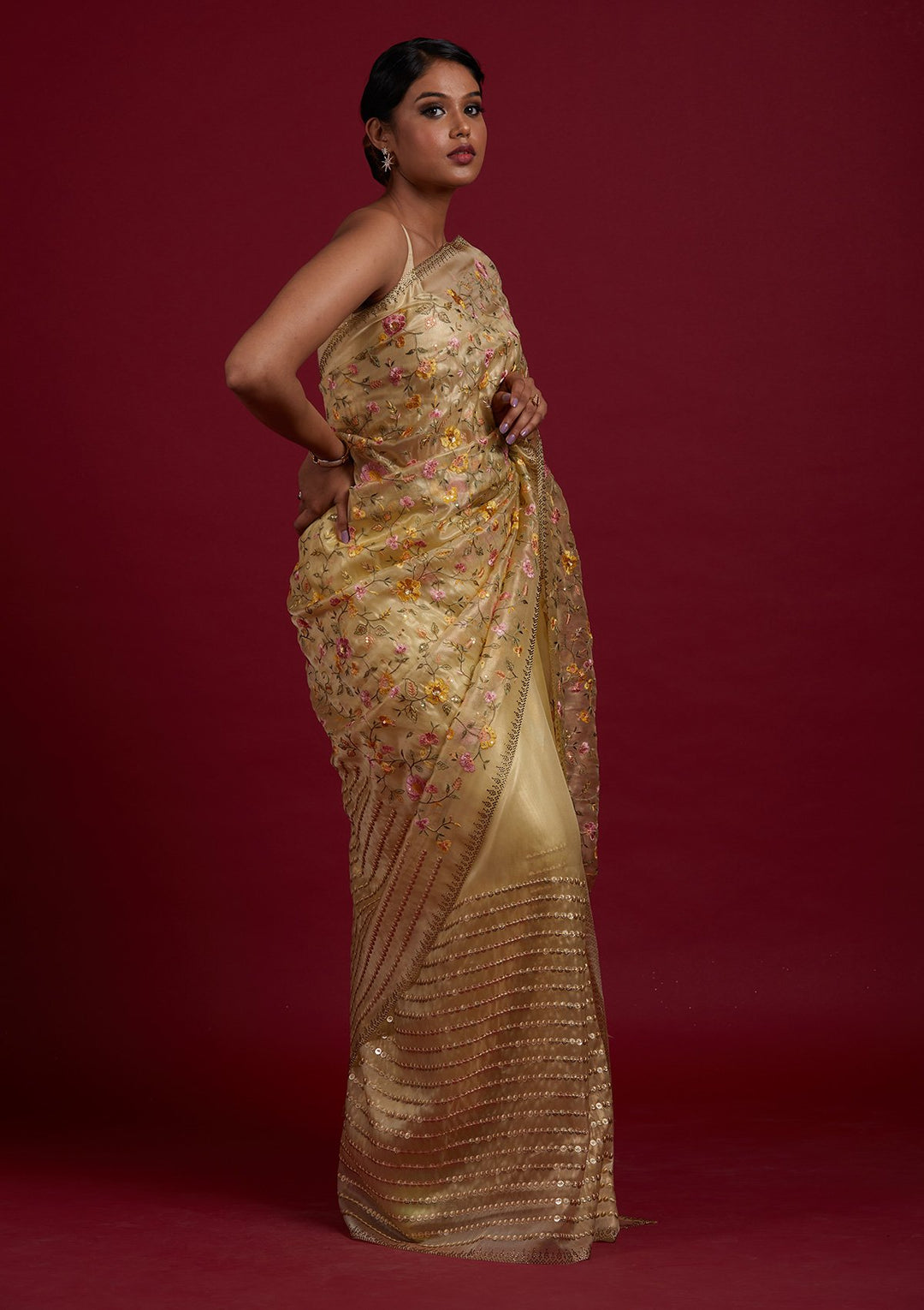 Lemon Yellow Threadwork Tissue Designer Saree - Koskii