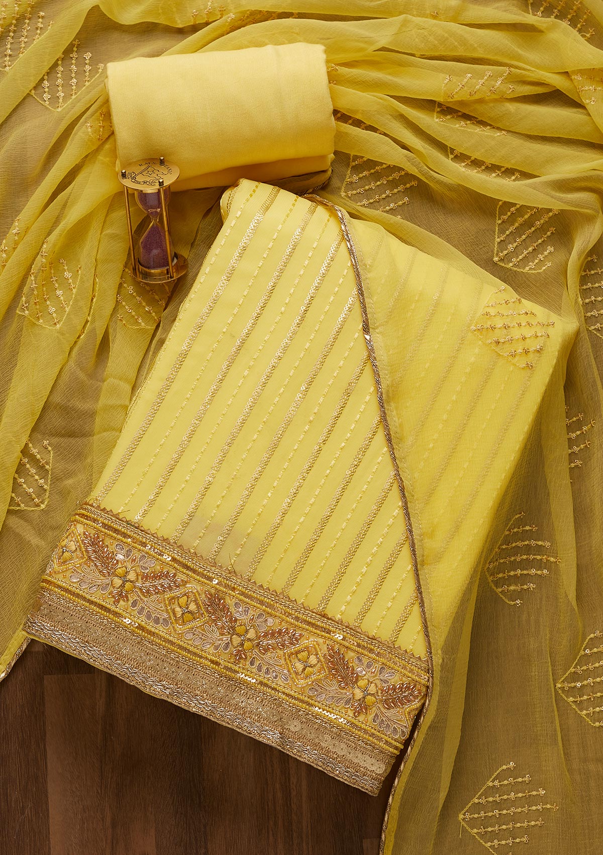 Lemon Yellow Zariwork Georgette Unstitched Salwar Suit - Koskii