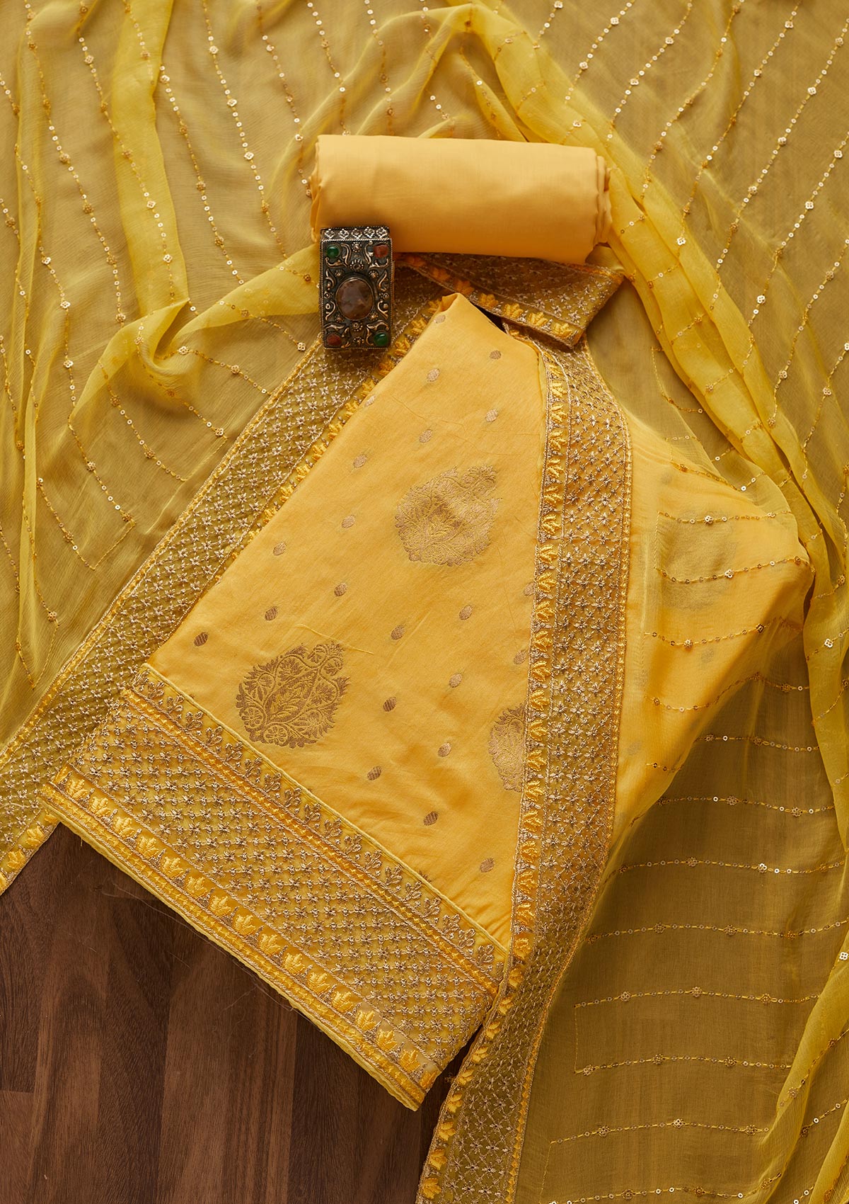 Lemon Yellow Zariwork Semi Crepe Unstitched Salwar Suit- Koskii
