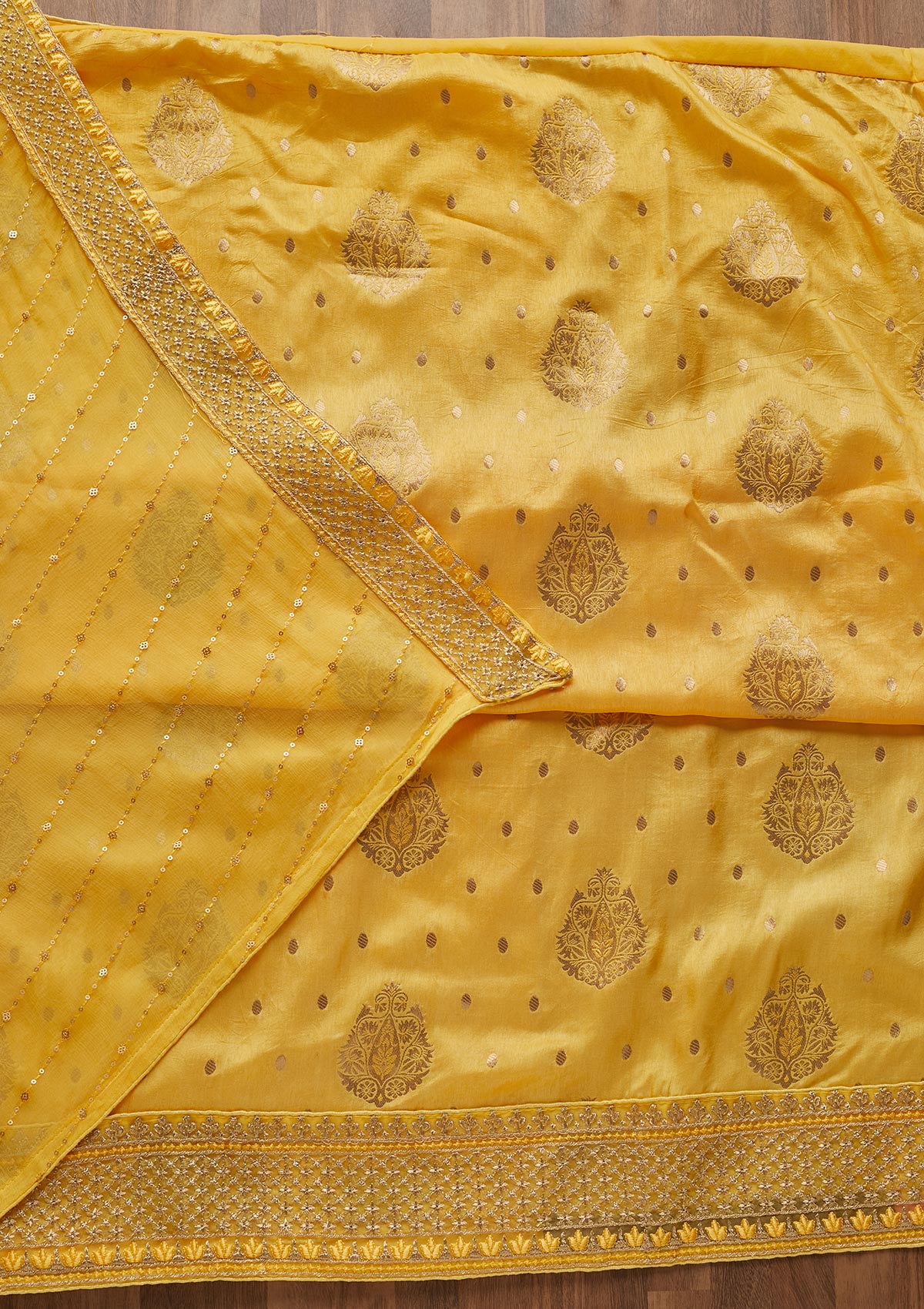 Lemon Yellow Zariwork Semi Crepe Unstitched Salwar Suit - Koskii