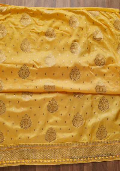 Lemon Yellow Zariwork Semi Crepe Unstitched Salwar Suit - Koskii
