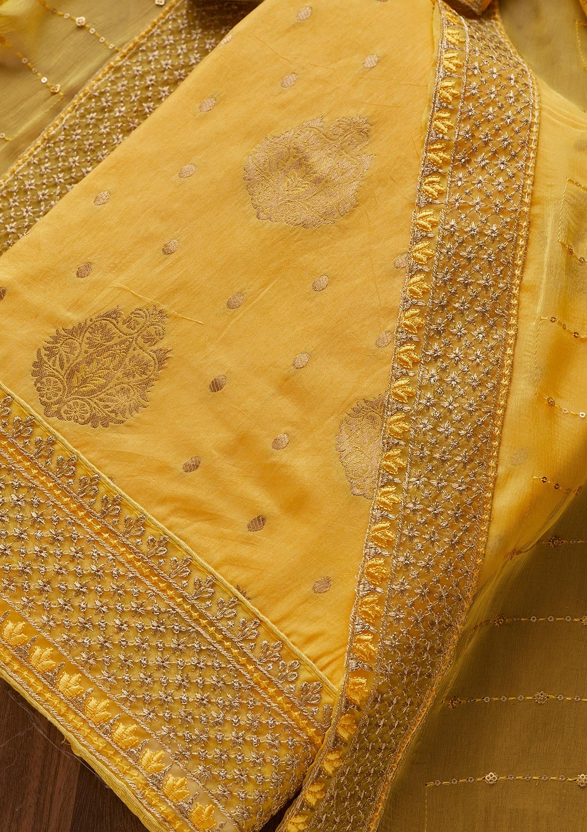 Lemon Yellow Zariwork Semi Crepe Unstitched Salwar Suit - Koskii
